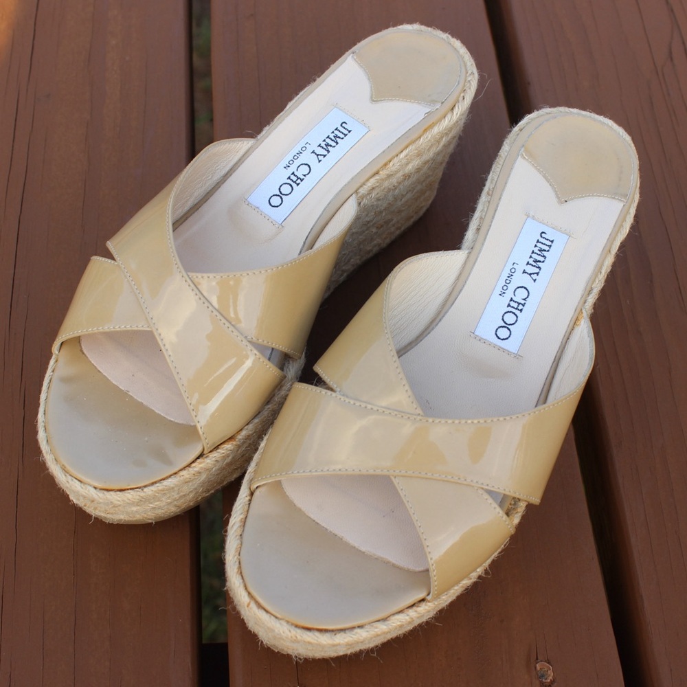 Jimmy Choo Espadrille Beige Patent Leather Wedge Sandals Women's Sz 37 (7W)
